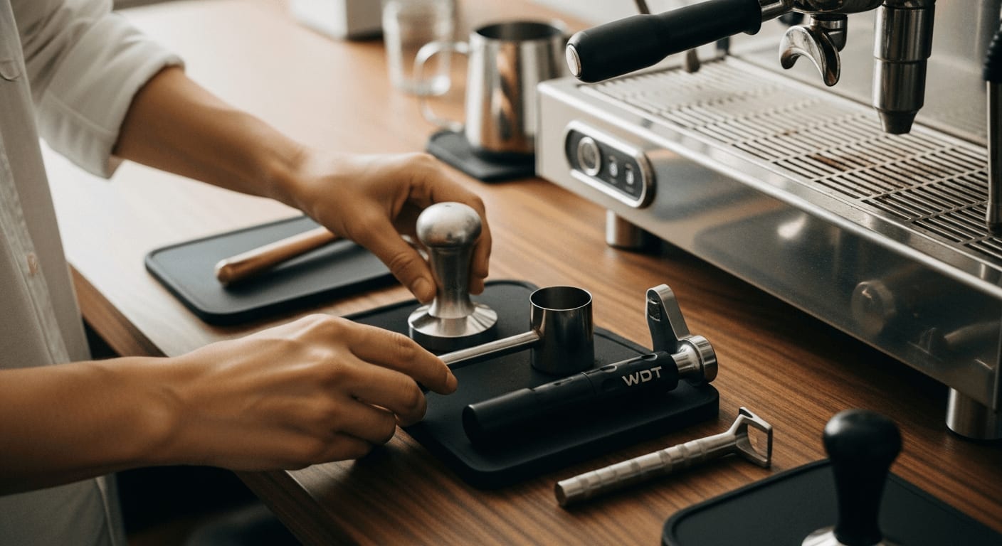 Welches Kaffeemaschinen-Zubehör ist wirklich nötig? Barista ordnet Tamper, Dosierring und WDT-Tool neben der Maschine an.