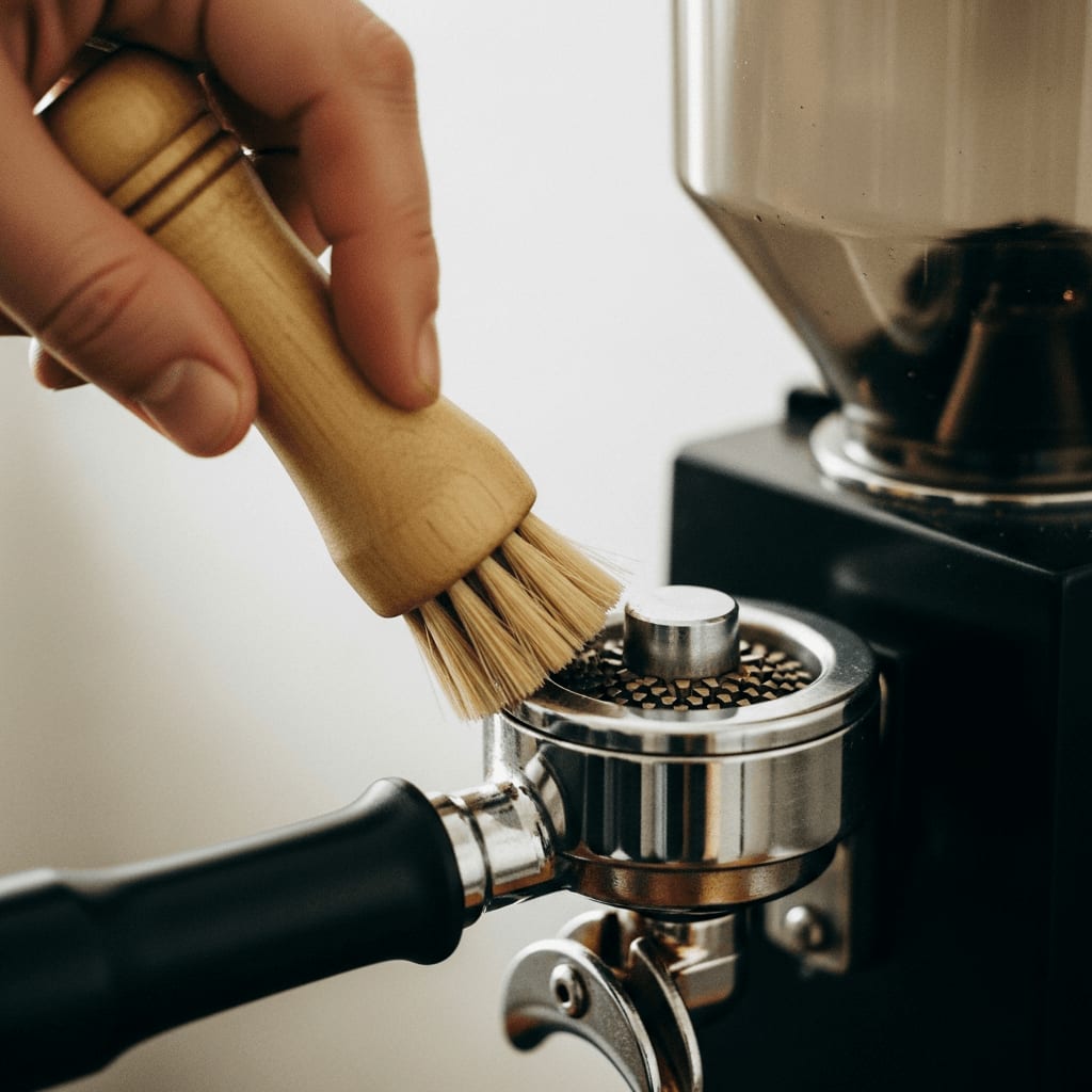 Reinigung einer Kaffeemühle: Hand mit Bürste säubert Mahlscheiben von Kaffeeresten.