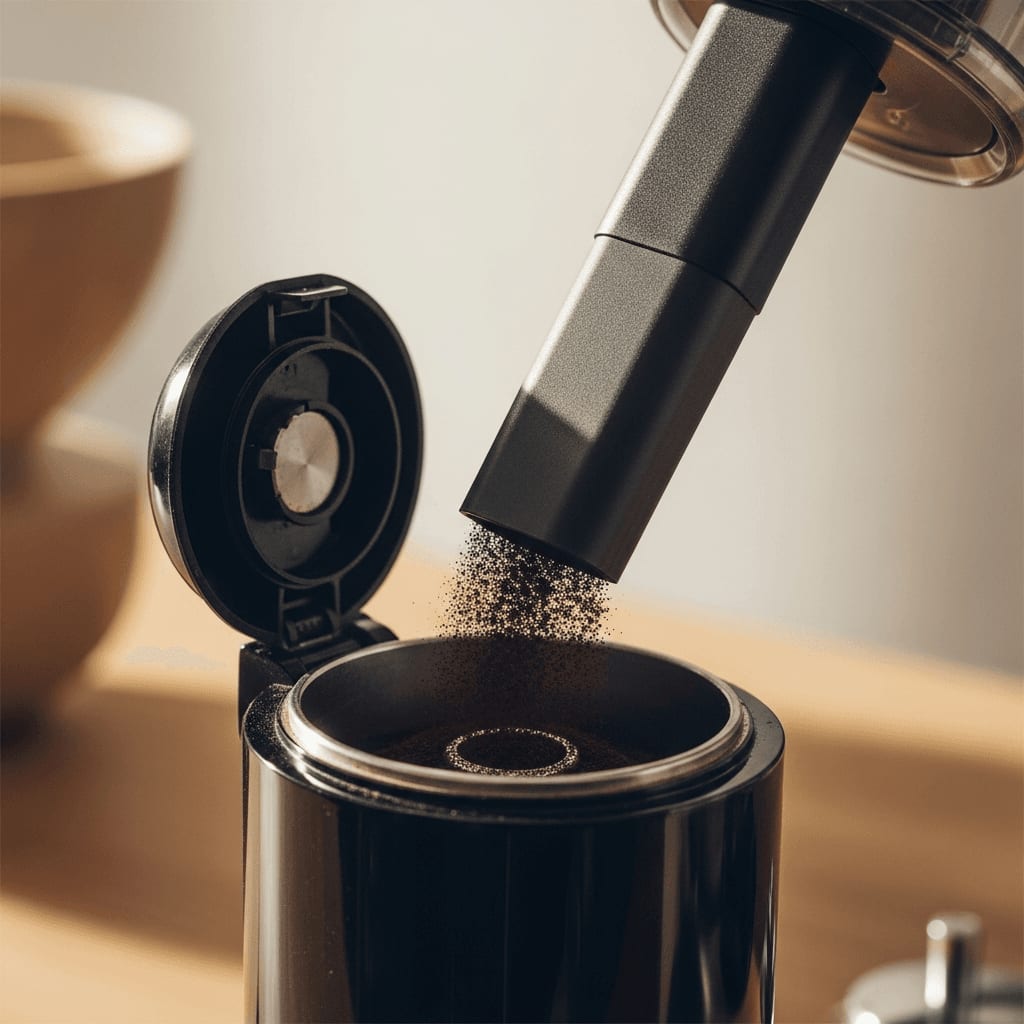 Staubsaugerdüse entfernt Kaffeestaub aus dem geöffneten Mahlwerk einer Kaffeemühle.