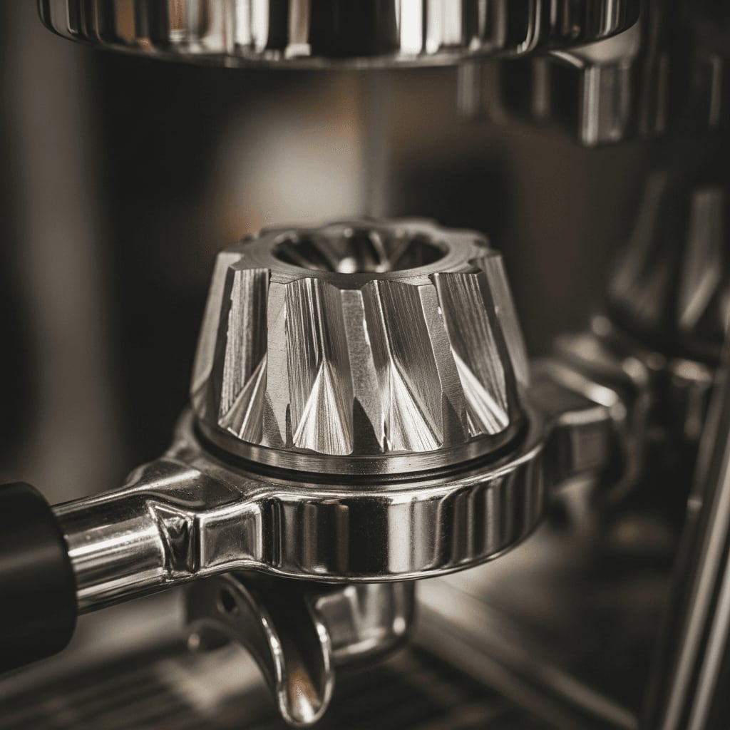 Gereinigtes, glänzendes Mahlwerk einer Kaffeemühle reflektiert das Licht nach der Wartung.