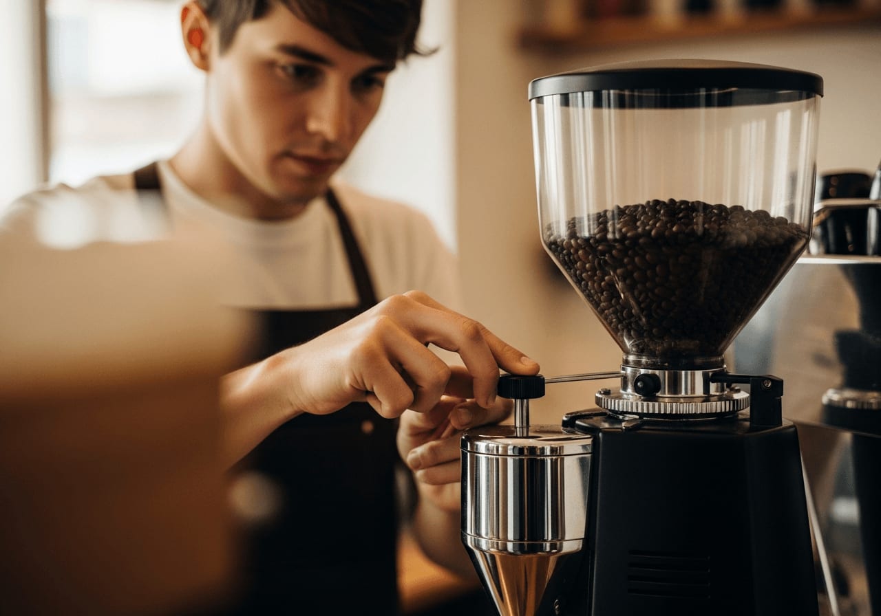 Ein Barista, der sorgfältig den Mahlgrad an einer High-End-Kaffeemühle einstellt, weicher Fokus, Kaffeehausatmosphäre