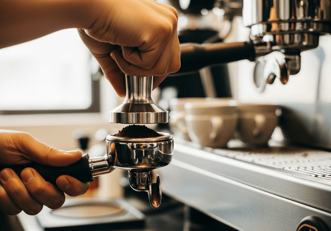 Ein Barista, der gemahlenen Kaffee in einem Siebträger festdrückt und die Espressoextraktion vorbereitet, professionelle Umgebung, sauber und organisiert