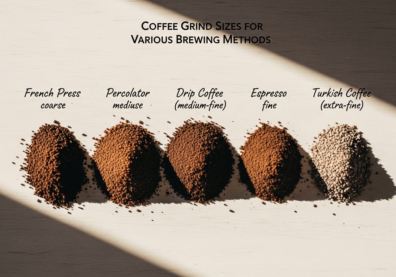 Nahaufnahme verschiedener Kaffeemahlgrade von grob bis fein, jeweils mit der entsprechenden Brühmethode beschriftet, natürliche Beleuchtung, lehrreiche Präsentation