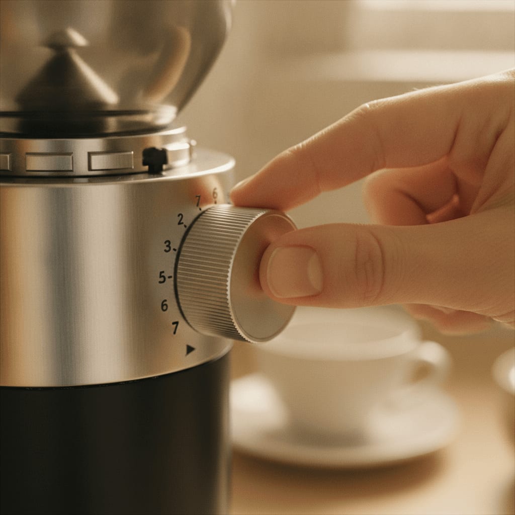 Eine Hand stellt den Mahlgrad an einer Kaffeemühle ein, um die präzise Verstellbarkeit im Vergleich zu zeigen.