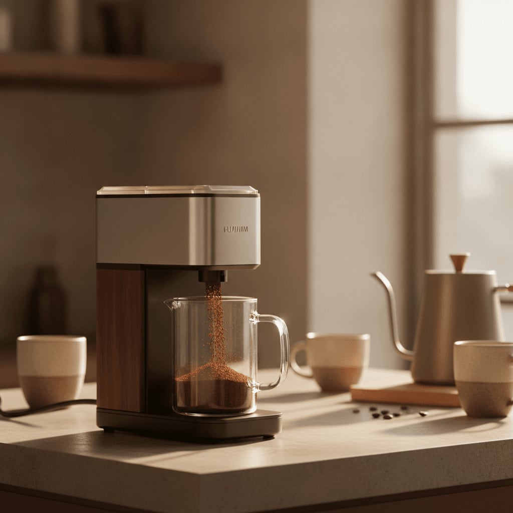 Eine leistungsstarke elektrische Kaffeemühle mahlt Kaffeebohnen, ein wichtiger Punkt im Kaffeemühlen Vergleich.