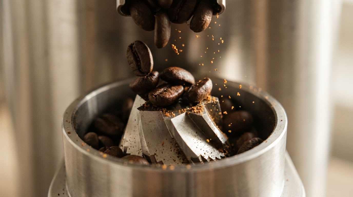Ein hochwertiges Mahlwerk einer Kaffeemühle in Aktion, das die Wichtigkeit für den perfekten Mahlgrad im Vergleich zeigt.
