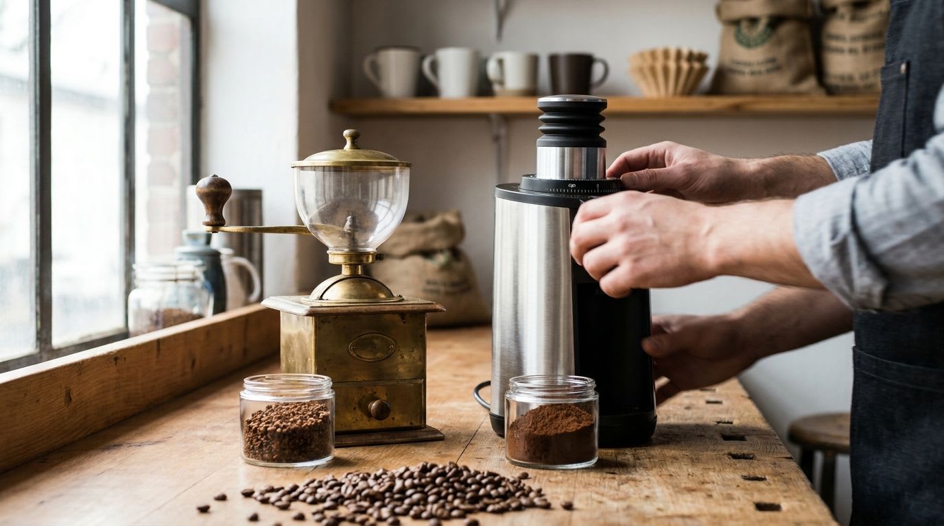 Barista schüttet Kaffeebohnen in eine Kaffeemühle, was die Bedeutung des Mahlwerks für den Geschmack unterstreicht.