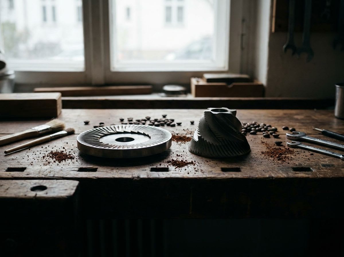 Nahaufnahme vom Mahlwerk einer Kaffeemühle, die Details eines hochwertigen Kegelmahlwerks aus Stahl zeigt. | Foto: GC Libraries Creative Tech Lab