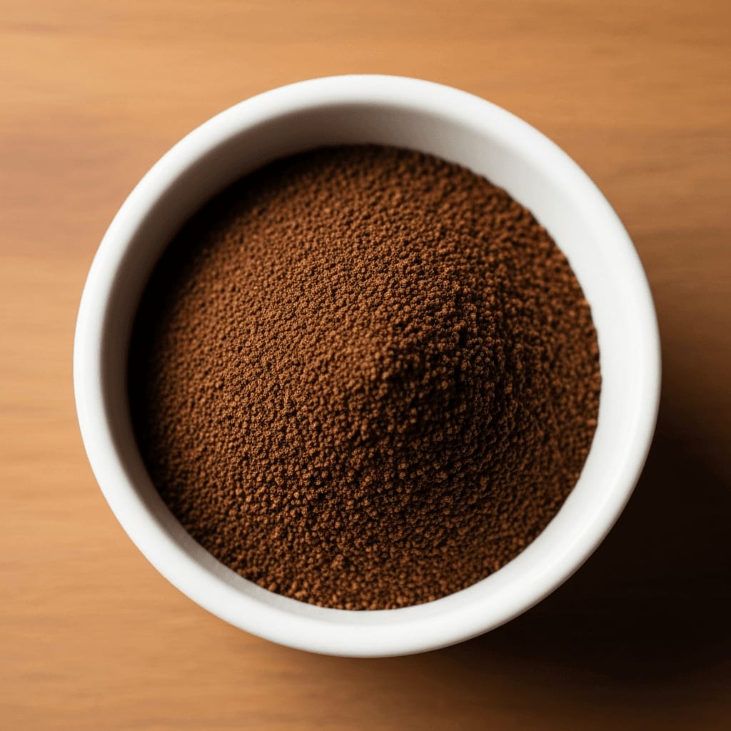 Extrem gleichmäßiges Kaffeemehl aus einem Scheibenmahlwerk mit sandartiger Textur für präzise Extraktion in einer Schale.