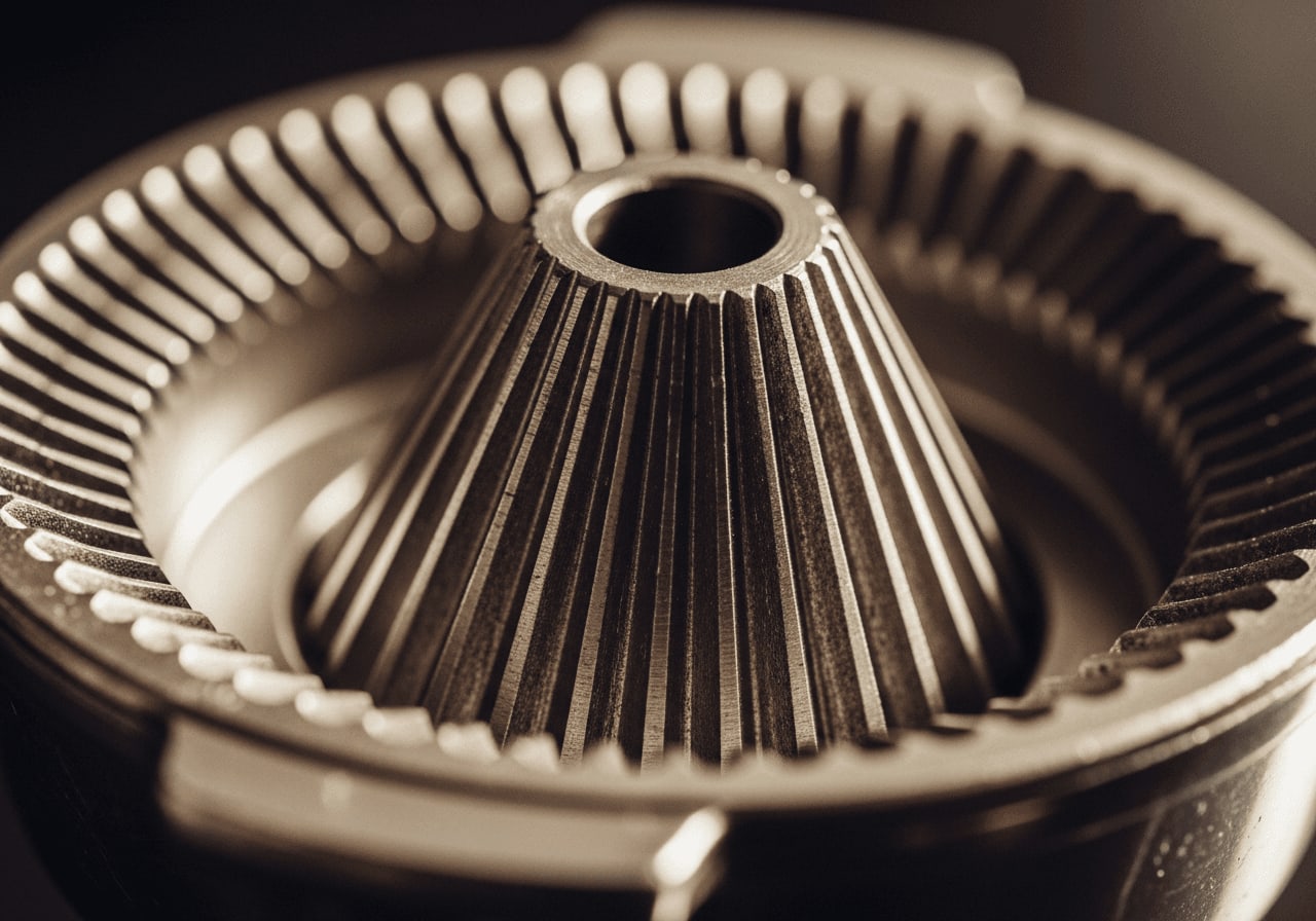 Detailaufnahme eines Kegelmahlwerks aus Stahl für die Kaffeemühle mit innerem Kegel und Ring für dunkle Espresso-Röstungen.
