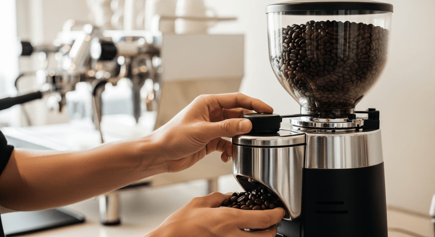 Kaffeemühle kaufen: Barista stellt den Mahlgrad an einer hochwertigen elektrischen Kaffeemühle mit vollem Bohnenbehälter ein.