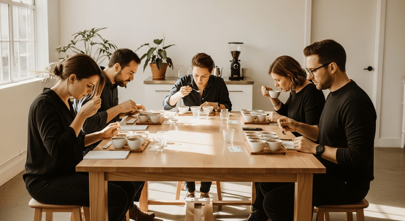 Weitwinkelaufnahme einer Kaffeeverkostung in einem modernen, minimalistischen Café, natürliches Licht, geringe Schärfentiefe