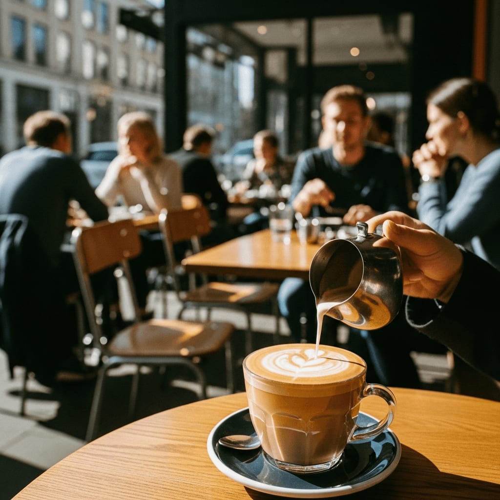 Lebhaftes Café in Melbourne, Sitzplätze im Freien, Menschen genießen Kaffee, lebendige Atmosphäre