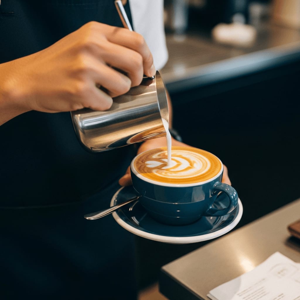 Barista in Melbourne bereitet einen Flat White mit Latte Art zu, Nahaufnahme der Tasse, modernes Café