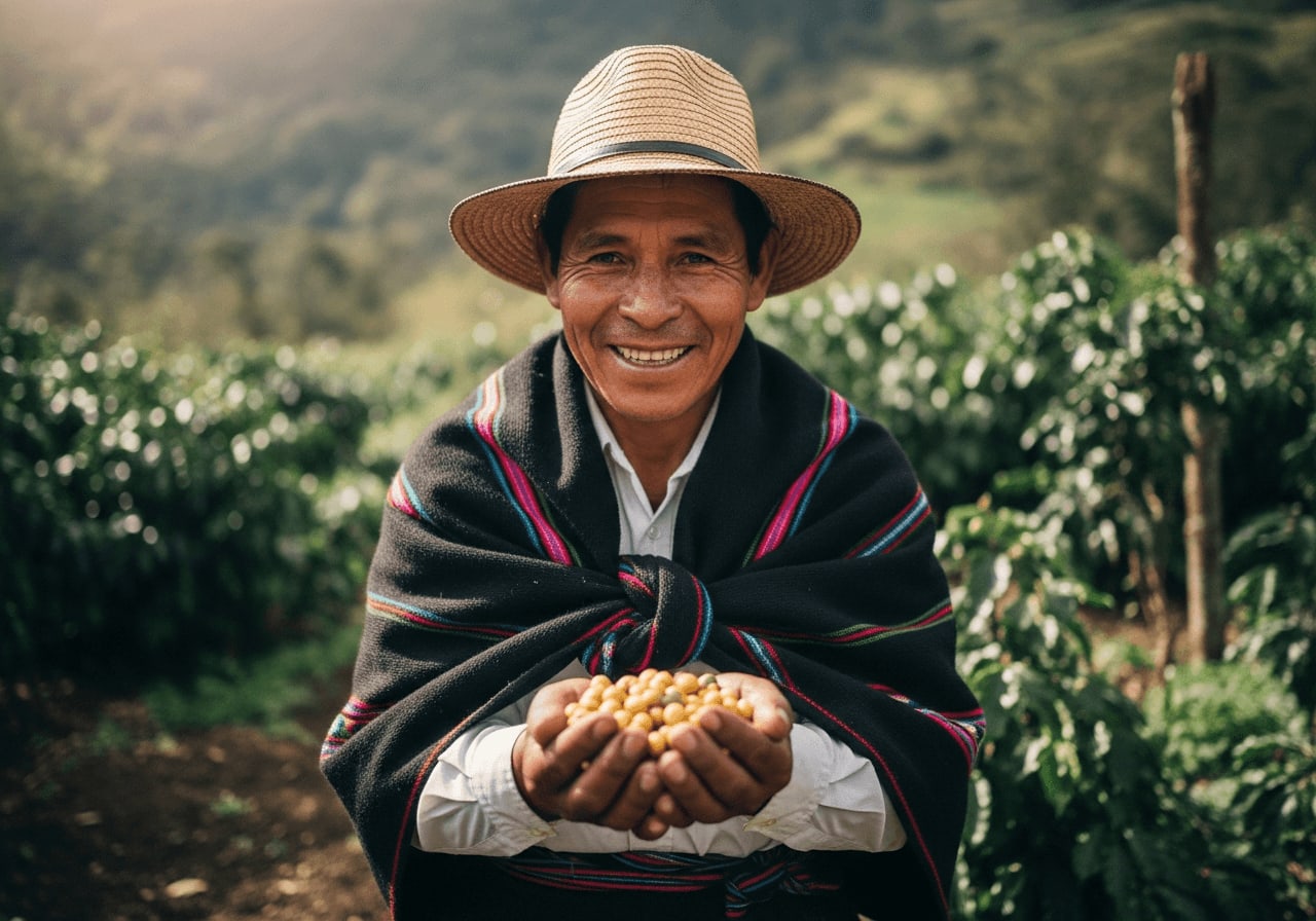 Lächelnder kolumbianischer Kaffeebauer hält eine Handvoll frisch geernteter Kaffeebohnen, traditionelle Kleidung, weiches Sonnenlicht