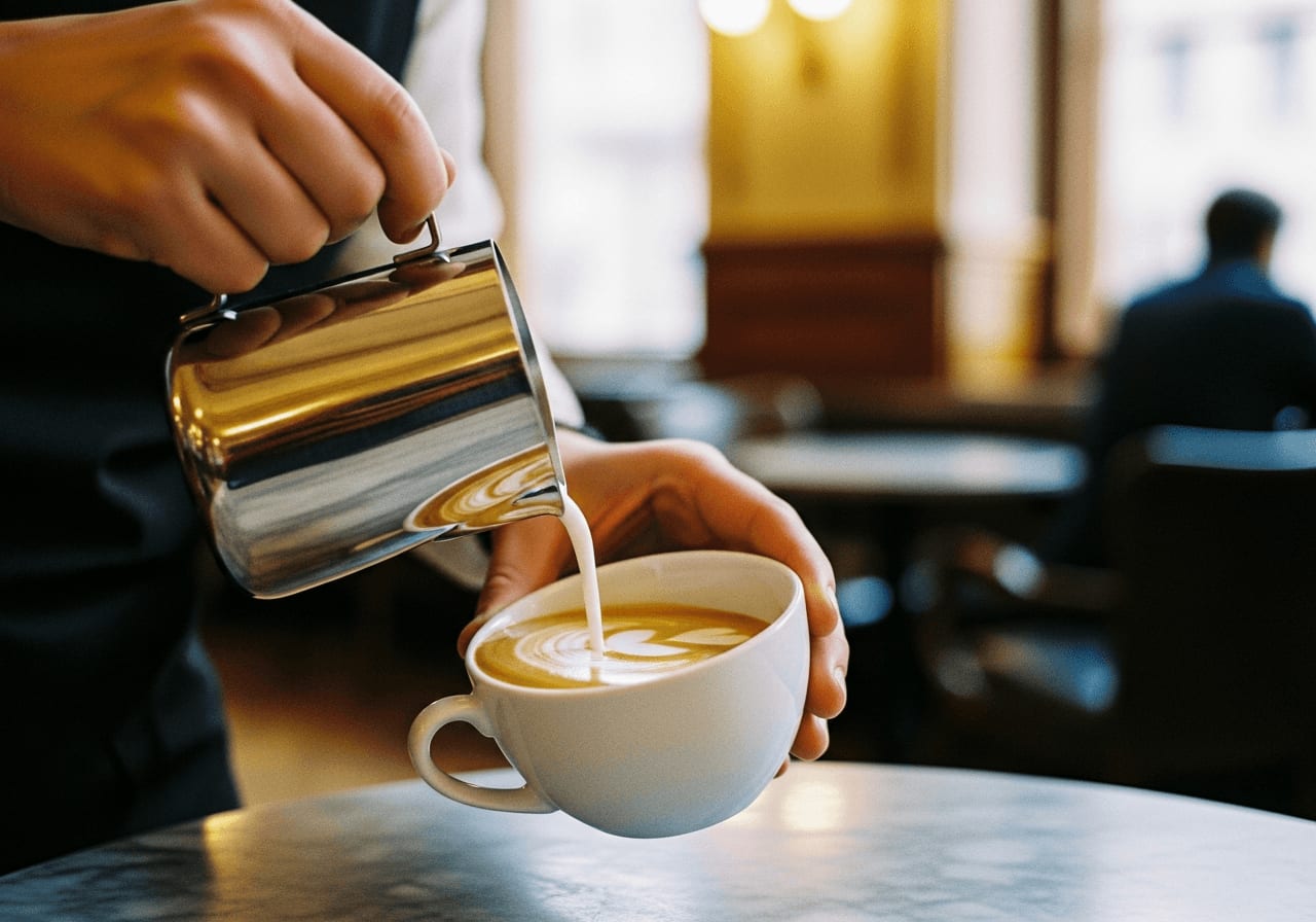 Nahaufnahme eines Barista, der Milch in einen Cappuccino in einem Wiener Kaffeehaus gießt, Marmortisch, elegantes Ambiente, geringe Schärfentiefe