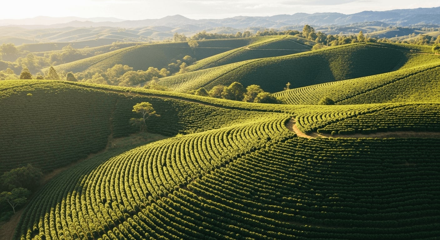 Luftaufnahme einer üppigen, grünen Kaffeeplantage in Kolumbien, sanfte Hügel, strahlend sonniger Tag