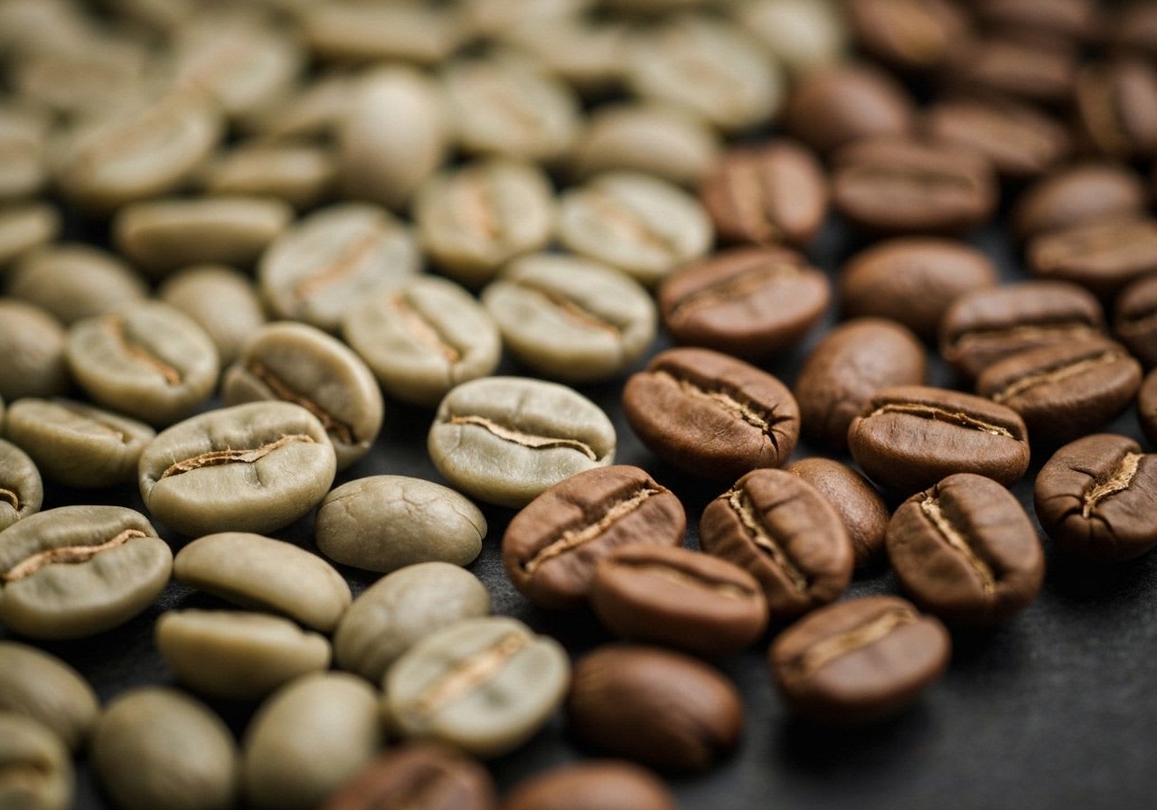 Nahaufnahme von grünen Kaffeebohnen, die sich während der Kaffeeröstung zu aromatischen, dunkleren Bohnen entwickeln, mit sichtbarem Farb- und Texturgradient.