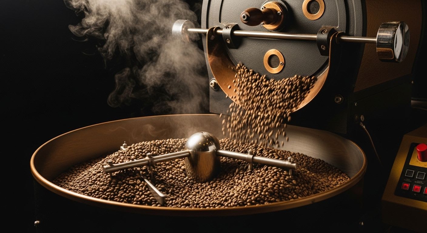 Ein dynamisches Hero-Bild eines traditionellen Trommelrösters, der grüne Bohnen in aromatischen Kaffee verwandelt und den Röstprozess darstellt.