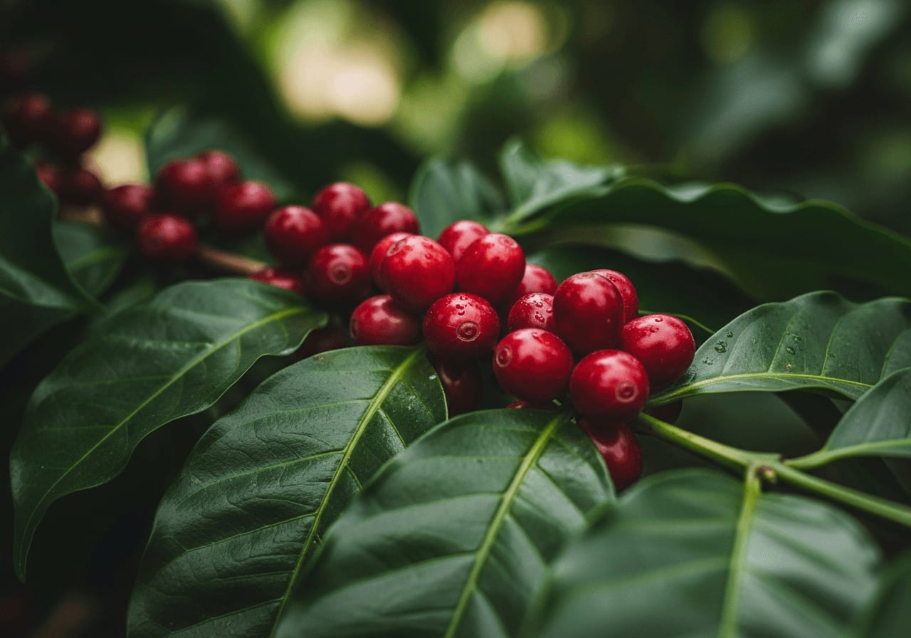 Nahaufnahme einer Kaffeepflanze mit reifen roten Kirschen, umgeben von üppigem grünen Laub, unscharfer Hintergrund