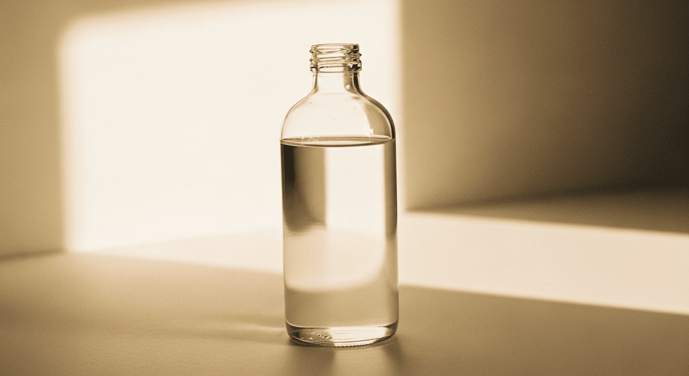 Flasche mit Entkalker für Kaffeemaschinen, klare Flüssigkeit, Studioaufnahme, Betonung des Markenlogos.