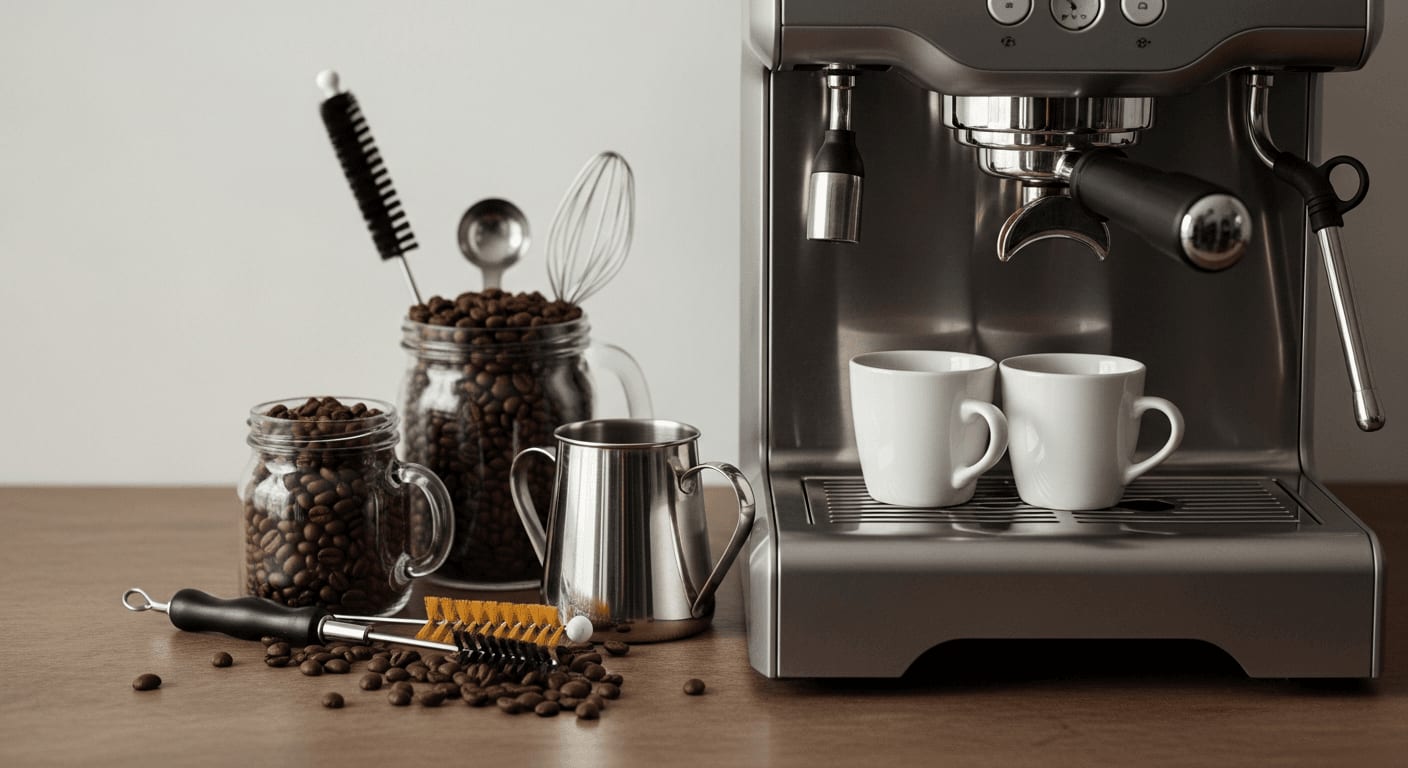 Kaffeebohnen und Reinigungsutensilien neben einem modernen Kaffeevollautomaten