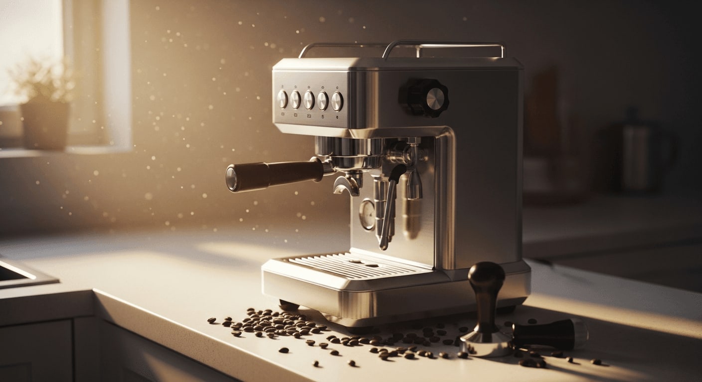 Eleganter Kaffeevollautomat auf einer sauberen Küchentheke mit Sonnenlicht, Kaffeebohnen verstreut