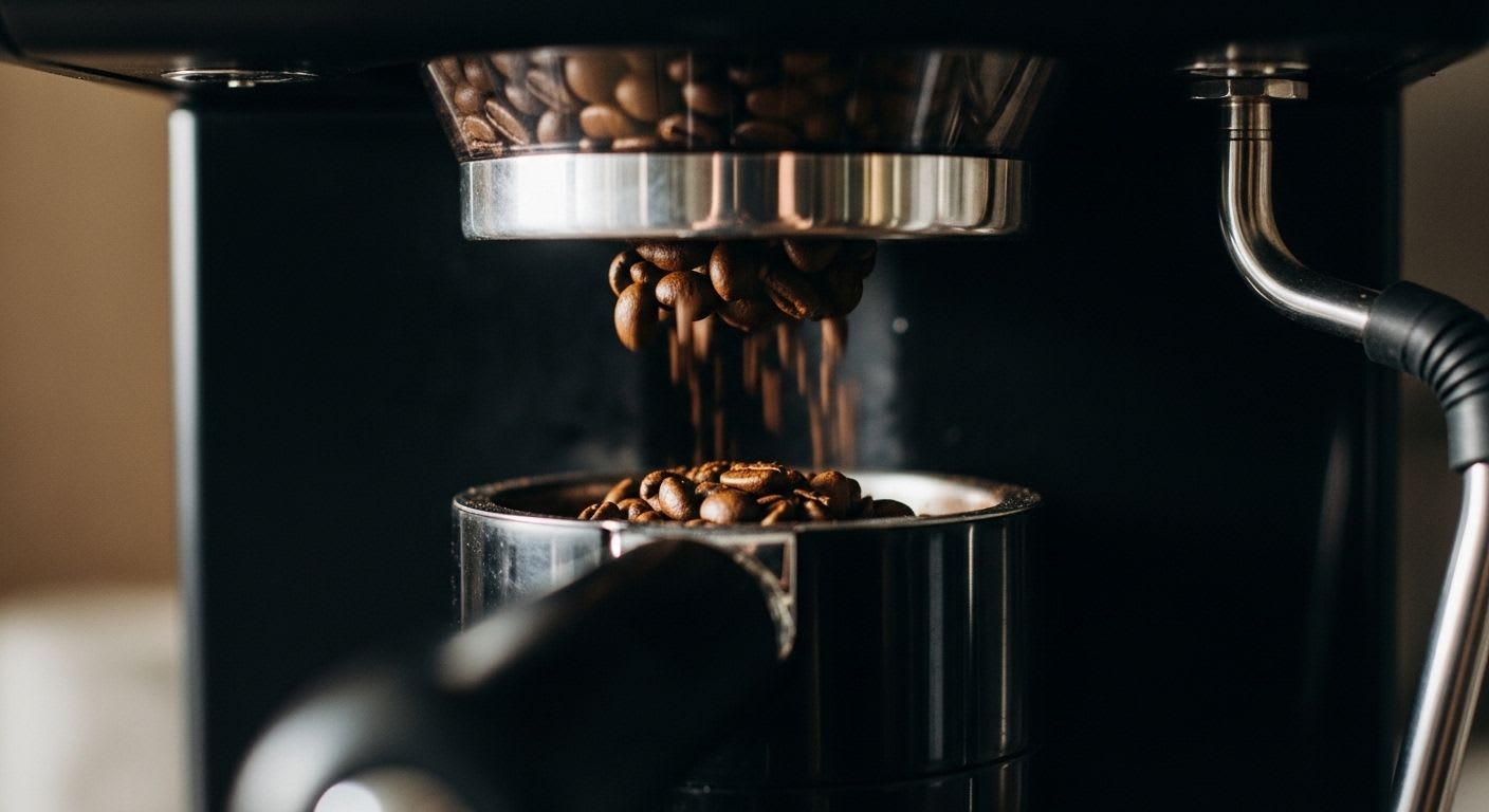 Nahaufnahme von Kaffeebohnen, die im Mahlwerk eines Einsteiger-Kaffeevollautomaten gemahlen werden, weiches Morgenlicht.