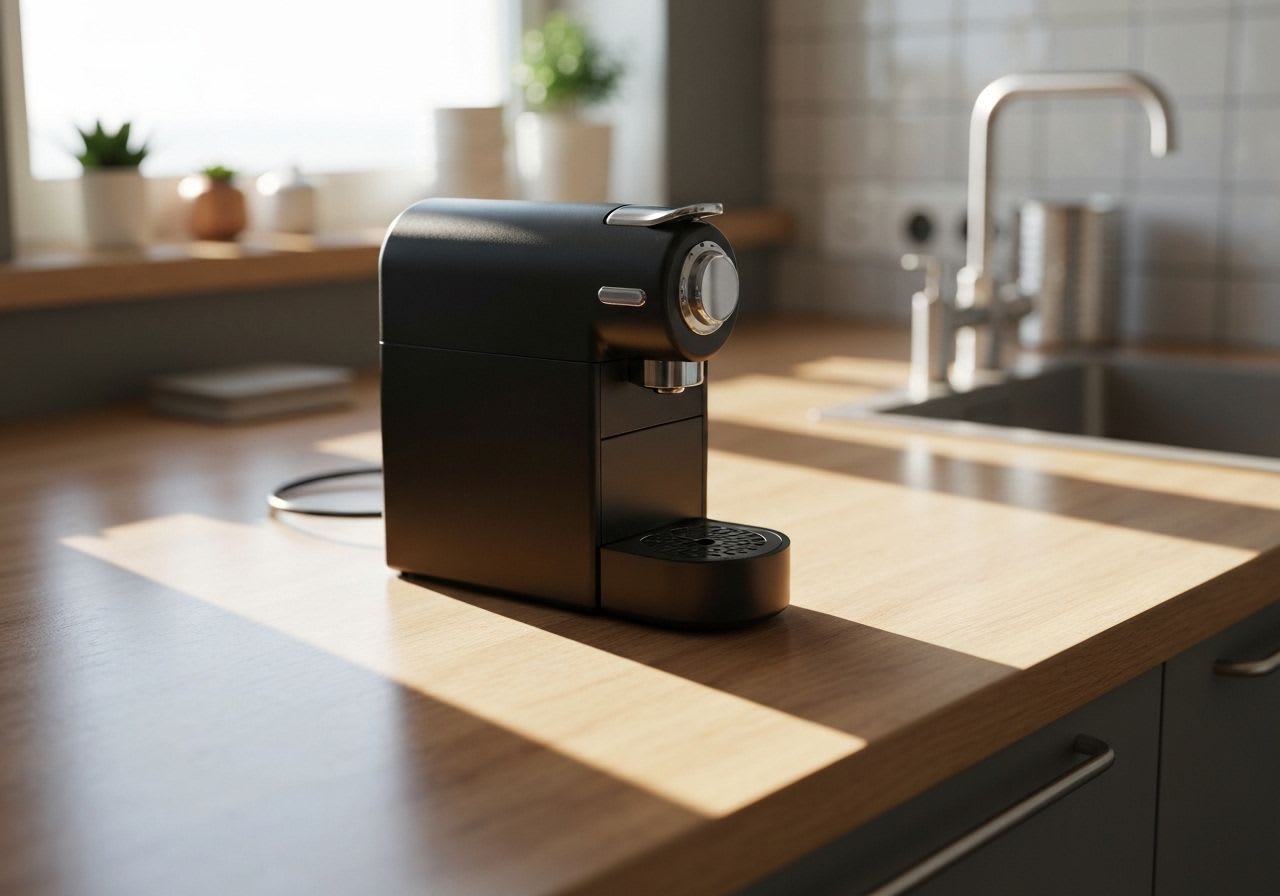 Kompakter Kaffeevollautomat für Einsteiger in einer kleinen Küche, unterstreicht das platzsparende Design am Fenster.