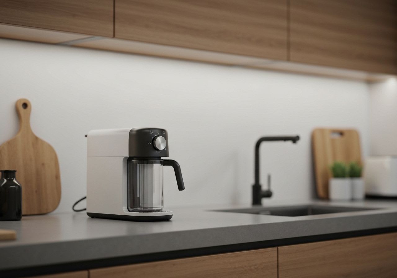 Aufsicht auf einen kompakten Kaffeevollautomaten, der seinen geringen Platzbedarf und die einfache Bedienung betont.