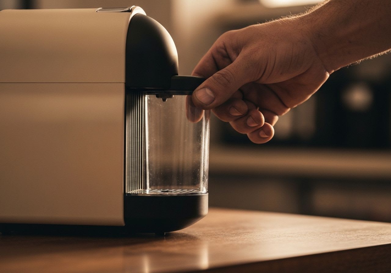 Nahaufnahme einer Hand beim Nachfüllen des Wassertanks eines kompakten Einsteiger-Kaffeevollautomaten, einfache Handhabung.