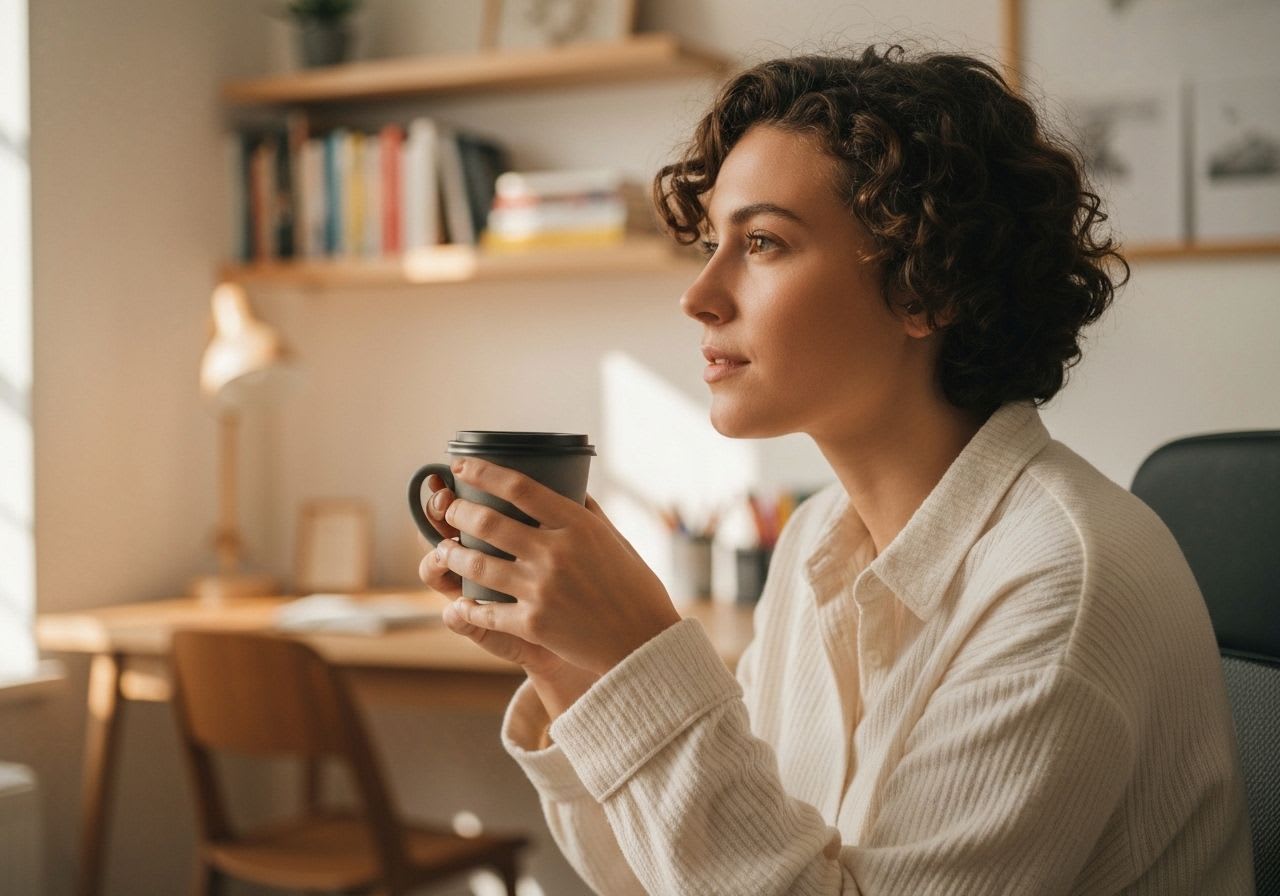 Hände halten eine Tasse frisch gebrühten Kaffee aus einem günstigen Einsteiger-Kaffeevollautomaten in gemütlicher Atmosphäre.