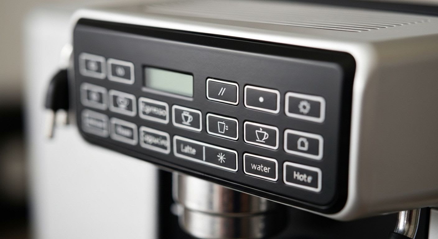 Detailansicht des Bedienfelds eines Kaffeevollautomaten für Einsteiger mit einfachen, intuitiven Tasten für Kaffeesorten.