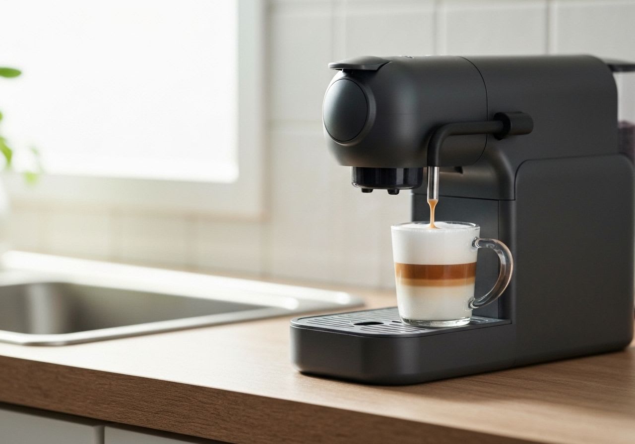 Kaffeevollautomat für Einsteiger mit integriertem Milchsystem bereitet einen Latte Macchiato zu, in heimischer Küche.