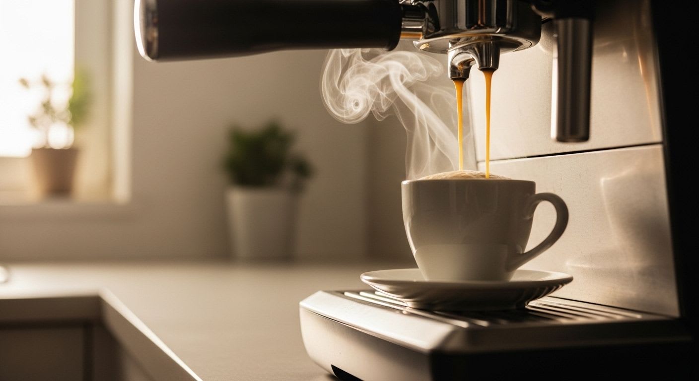 Kaffeevollautomat für Einsteiger unter 500 Euro brüht Espresso mit Crema, sanfter Dampf in minimalistischer Küche.