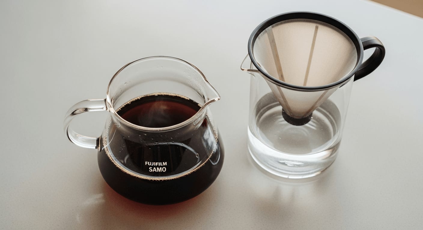 Draufsicht auf eine Glaskaraffe mit frisch gebrühtem Kaffee, daneben ein Wasserfilterkrug, minimalistischer Stil