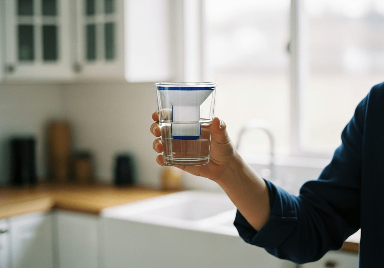 Eine Person hält ein klares Glas gefiltertes Wasser vor einem verschwommenen Hintergrund einer Küche hoch
