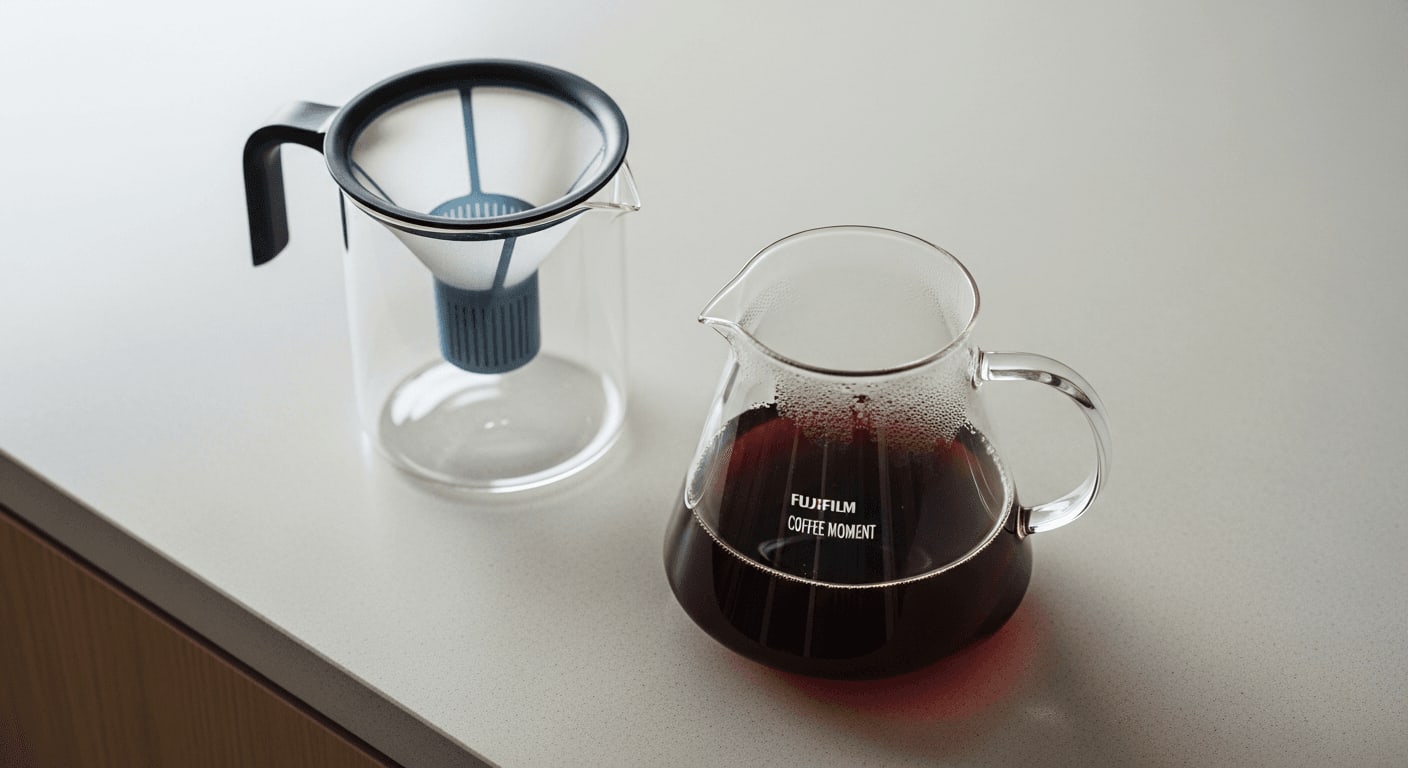 Draufsicht auf eine Glaskaraffe mit frisch gebrühtem Kaffee, daneben ein Wasserfilterkrug, minimalistischer Stil