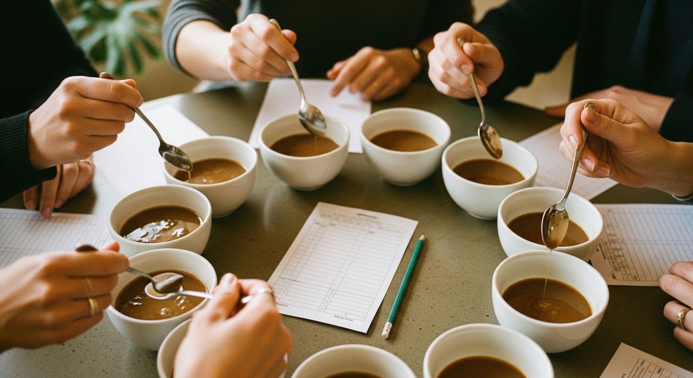 Professionelle Kaffeeverkostung als Titelbild für den Praxis-Guide zum Thema Kaffeewissen und Cupping.