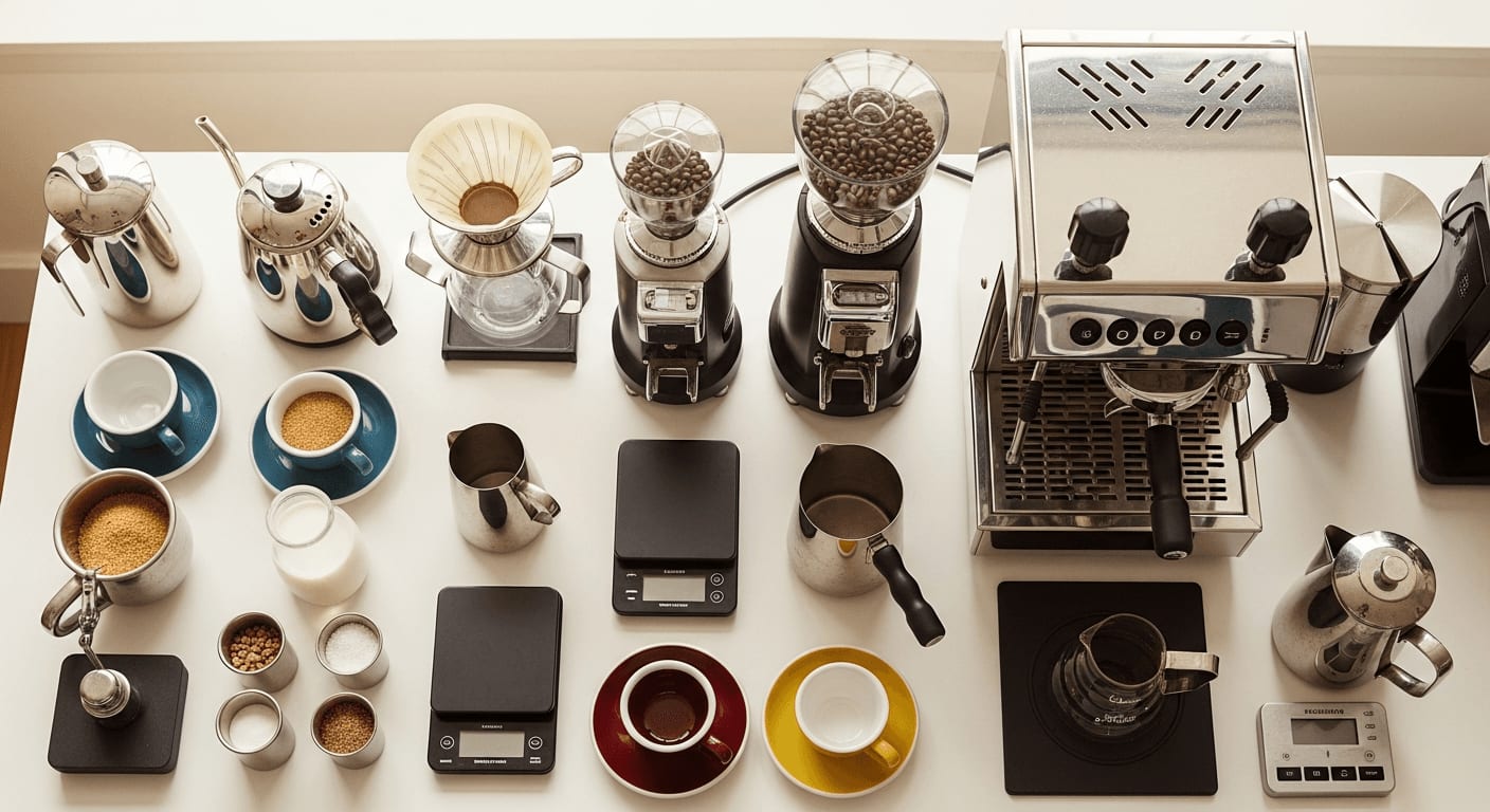 Overhead shot of a well-organized coffee station with various tools neatly arranged, emphasizing precision and control, warm lighting