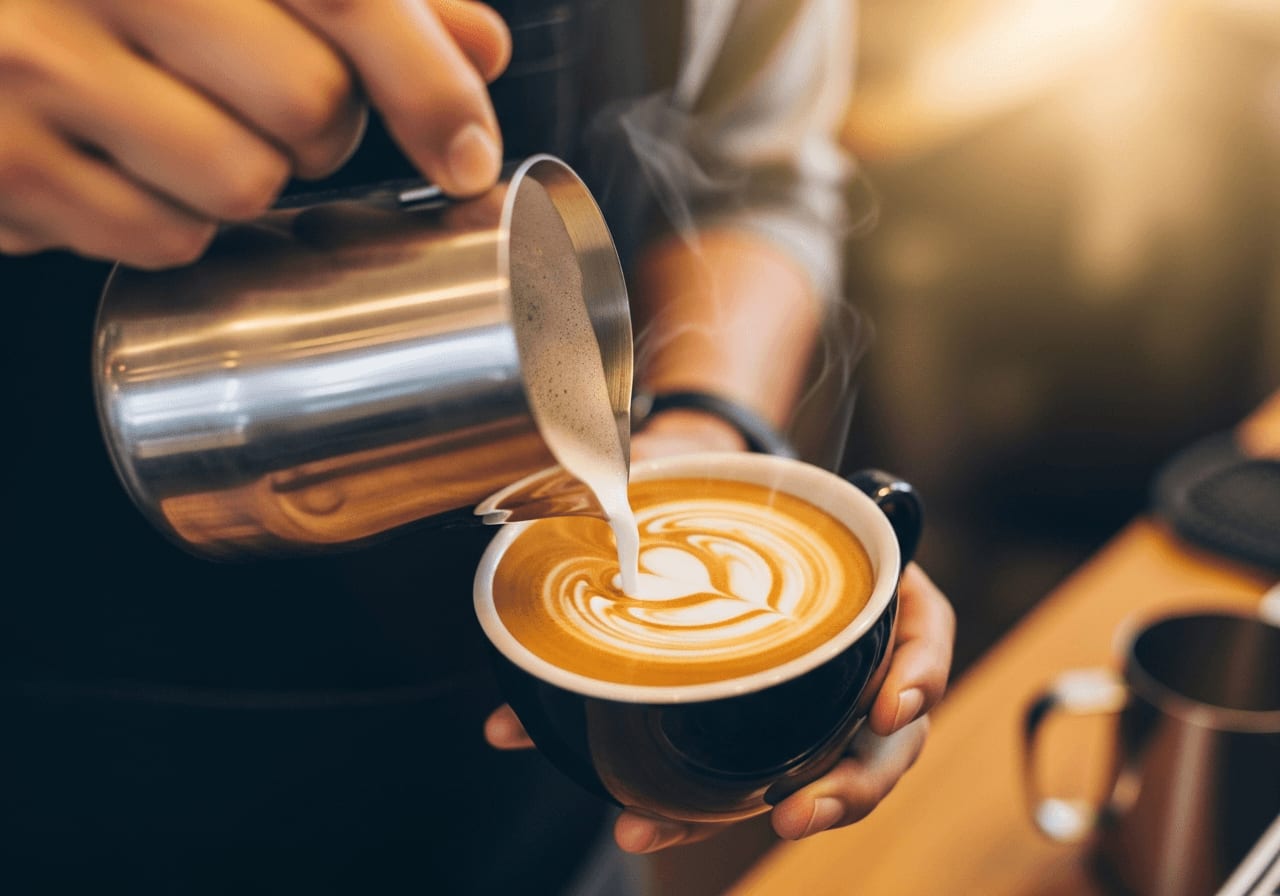 Barista kreiert Latte Art mit perfekt aufgeschäumter Milch und gießt ein filigranes Design in eine Tasse Espresso, warmes Licht