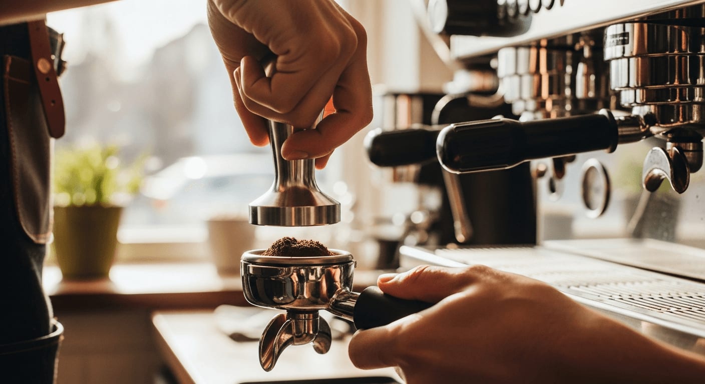 Nahaufnahme eines Barista, der sorgfältig Kaffeepulver in einem Siebträger andrückt, wobei Präzision und Fachkenntnis betont werden.