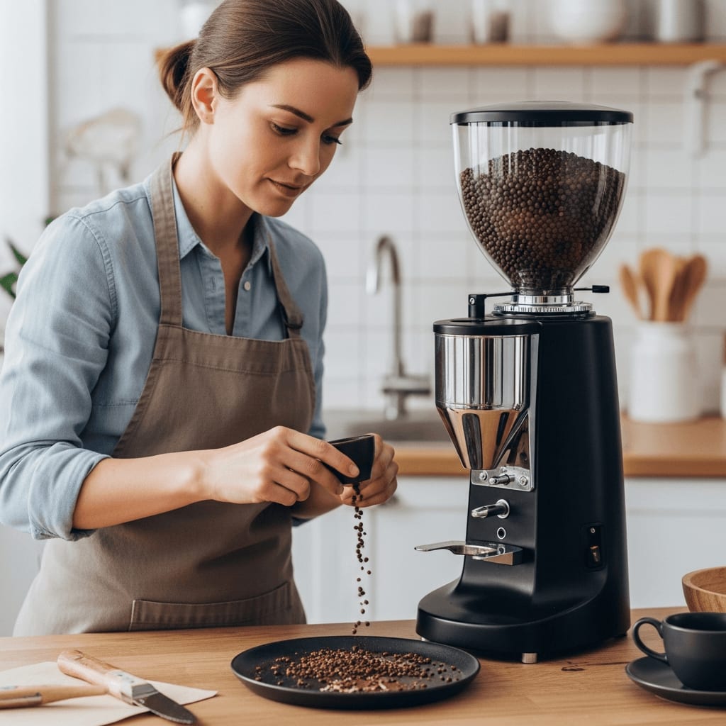 Reinigung einer Kaffeemühle mit einer Bürste, Entfernung von Kaffeepulver aus den Mahlscheiben, Wartung der Ausrüstung.