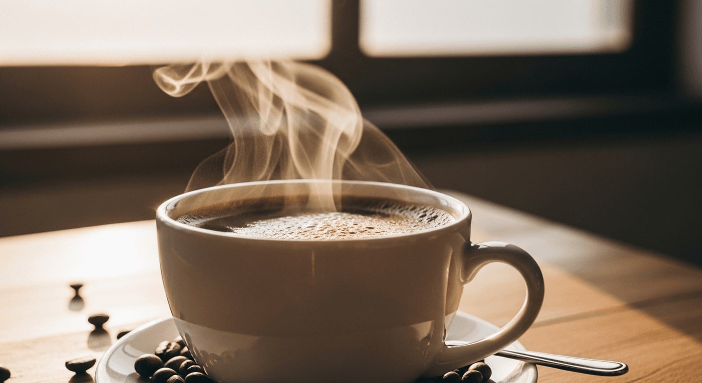 Eine dampfende Tasse frisch gebrühten Kaffee mit sichtbarer Crema, Kaffeebohnen sind verstreut, warmes Morgenlicht von einem nahegelegenen Fenster.