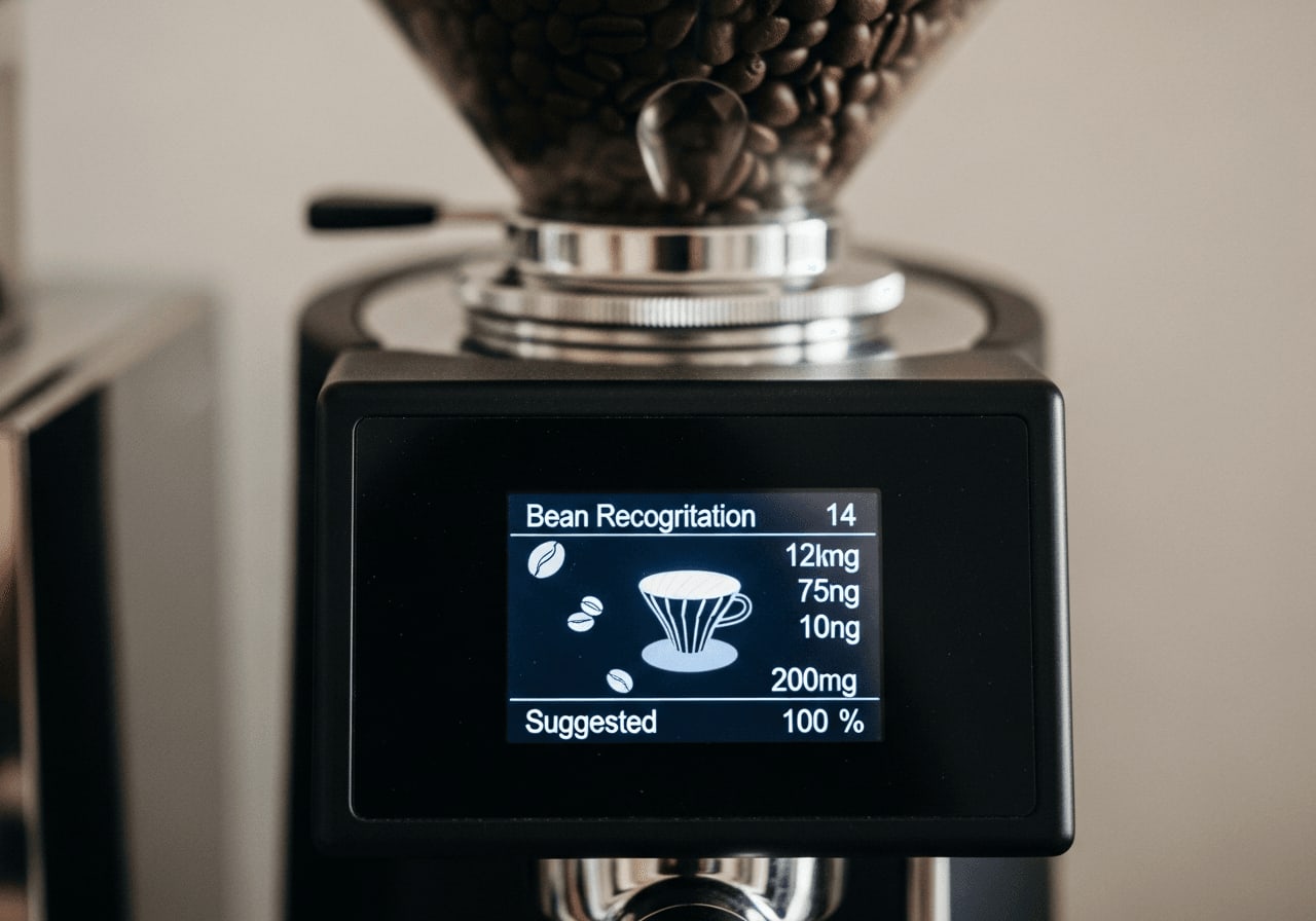 Nahaufnahme eines Kaffeebohnenbehälters mit einem digitalen Display, das die Erkennung der Bohne und die vorgeschlagenen Brühparameter anzeigt.