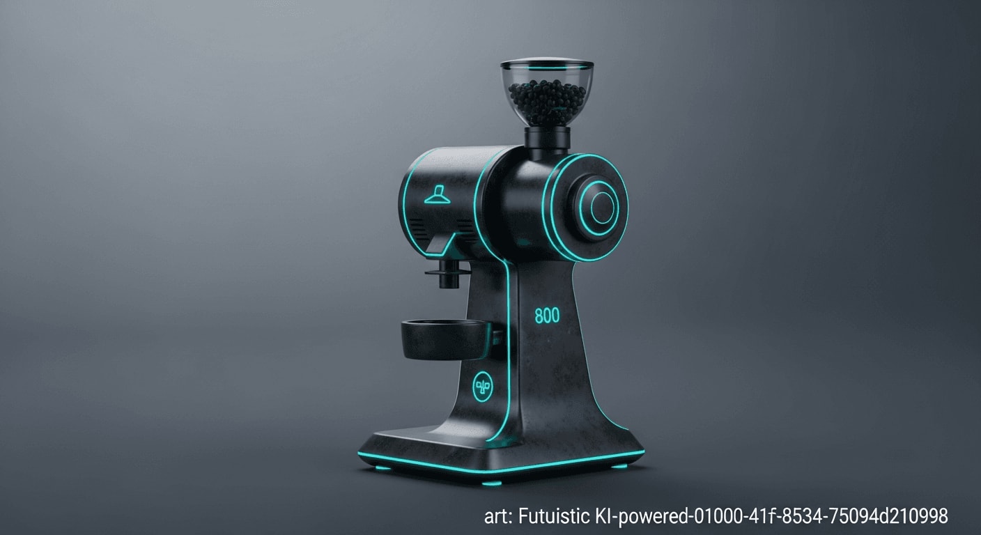 Futuristische KI-gesteuerte Kaffeemühle mit leuchtenden Anzeigen, die Kaffeebohnen in einer sauberen, modernen Küche mahlt.
