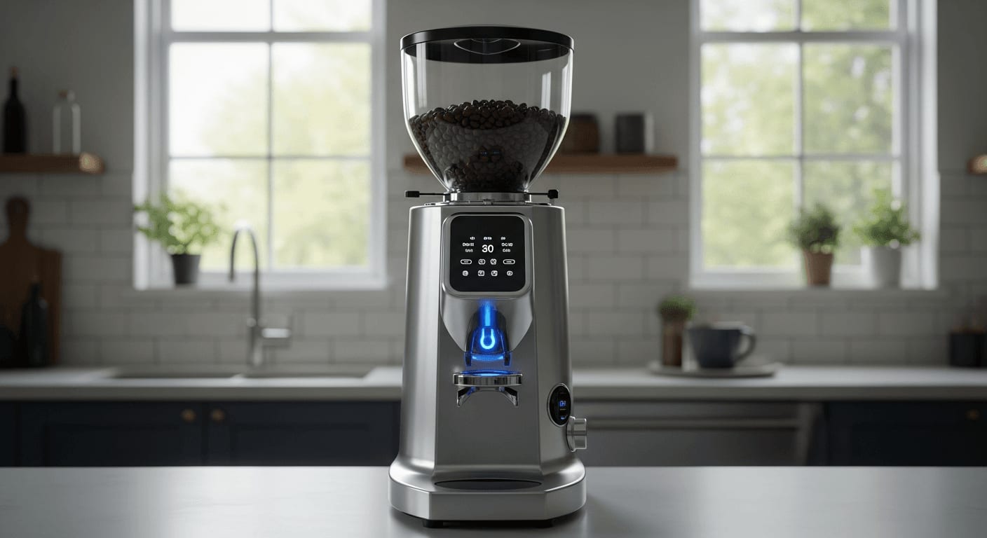 Futuristische KI-gesteuerte Kaffeemühle mit leuchtenden Anzeigen, die Kaffeebohnen in einer sauberen, modernen Küche mahlt.