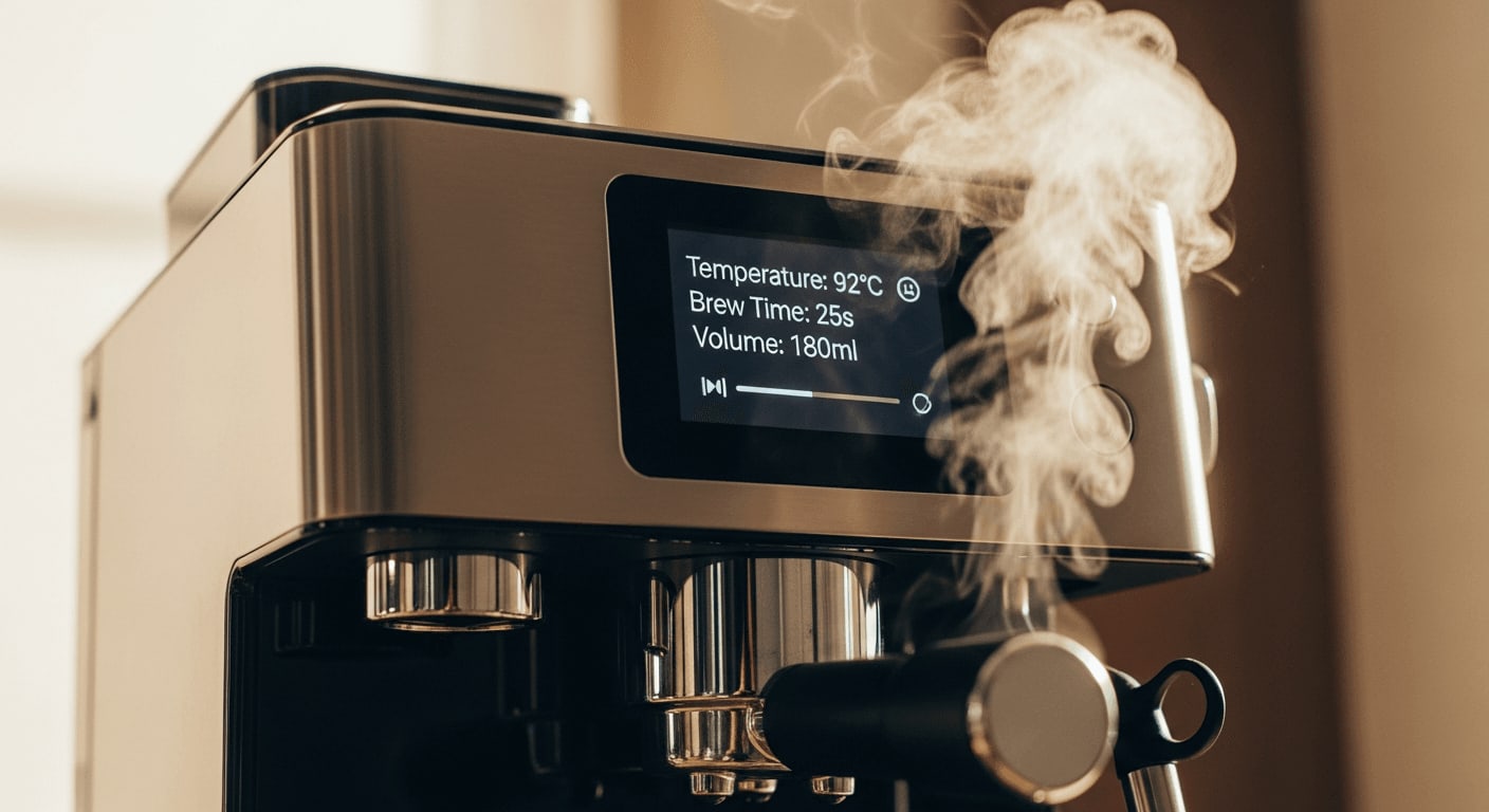 Nahaufnahme einer Hightech-Kaffeemaschine, digitales Display zeigt Brühparameter, Dampf steigt auf, Studioaufnahme.