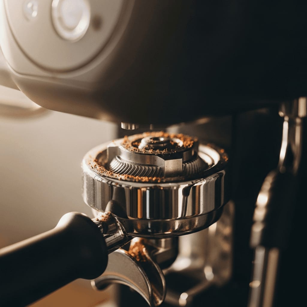Smarte Kaffeemaschine justiert automatisch den Mahlgrad, Nahaufnahme des Mahlwerks.