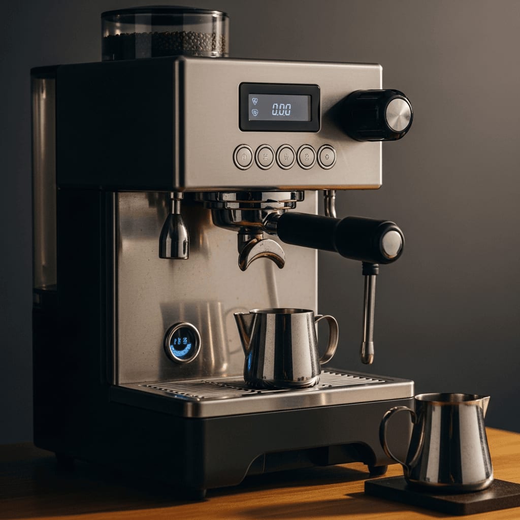 Smarte Kaffeemaschine misst die Durchflussrate von Espresso mit Präzisionssensoren.